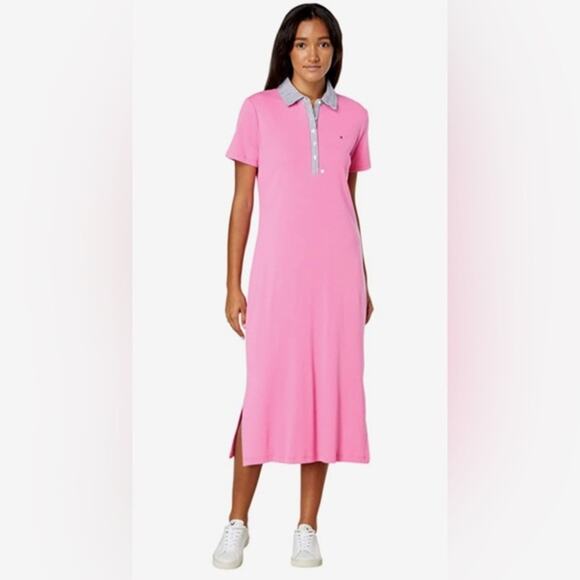 Tommy Hilfiger Midi Polo Dress Short Sleeves Pink 100% COTTON Size S - Picture 1 of 8